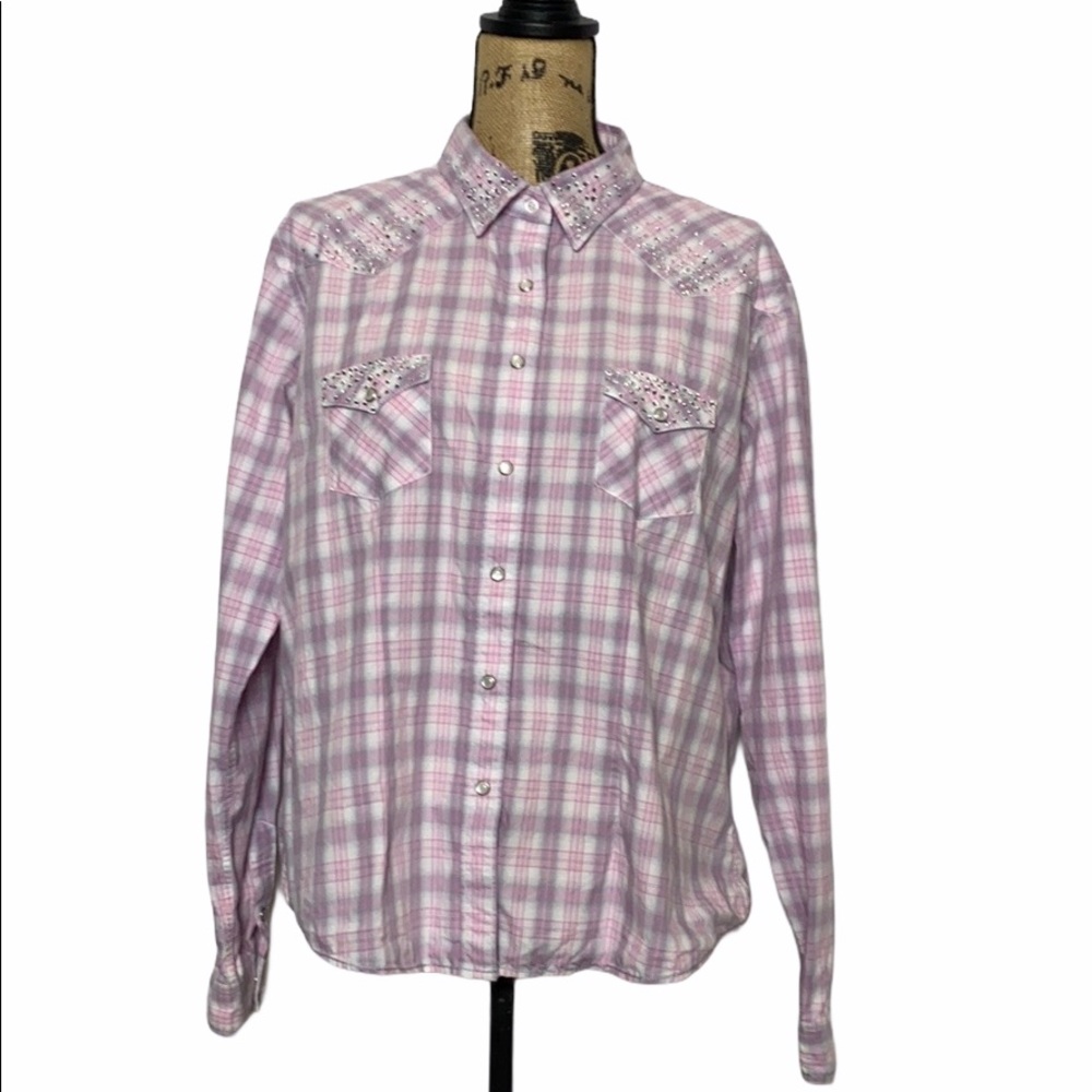Pink Cotton Plaid Rhine Stone Shirt XL